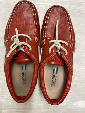 Sebago Red Leather Dockside Boat Shoes with Cream Laces